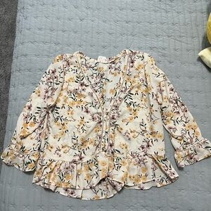 Floral Ruffle Trim Blouse - Cream and Yellow